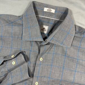 Peter Millar Mens L Grey Blue Windowpane Cotton Button Down Shirt Long Sleeve